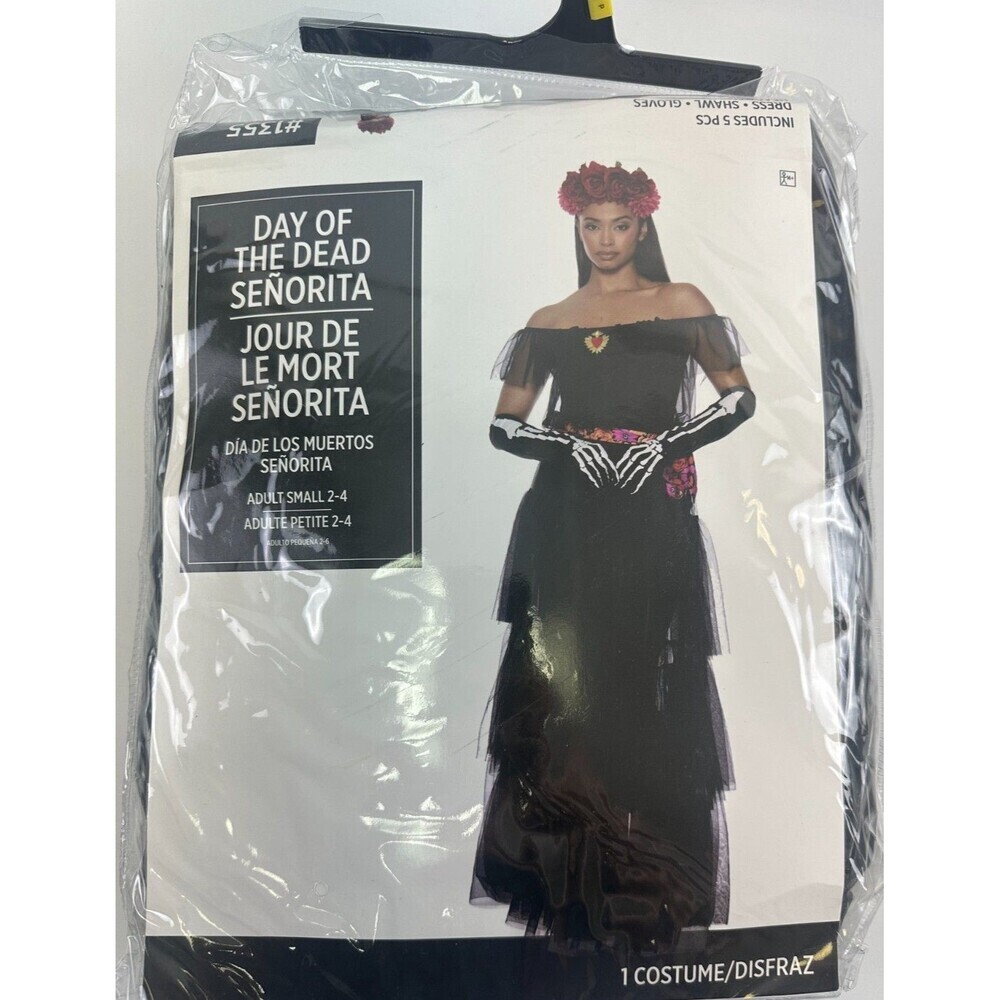 Day Of The Dead Senorita Costume Dress Shawl Gloves‎ Headband Women Small 2 - 4